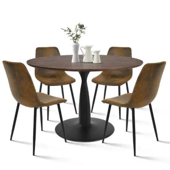 Harold+Bingo Modern 5 Piece Black Round Dining Table Set with Black Faux Leather Dining Chairs Set of 4 with Walnut Finish Legs-Maison Boucle image {1}