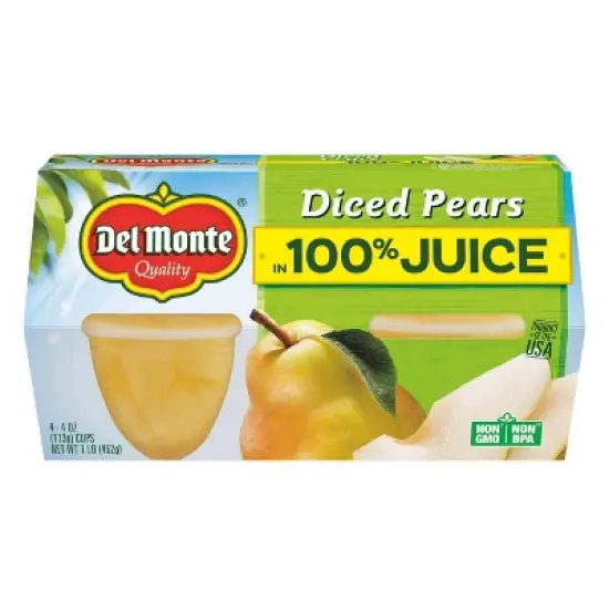 Del Monte Diced Pears In 100% Juice Fruit Cups 4pk/16oz image {3}