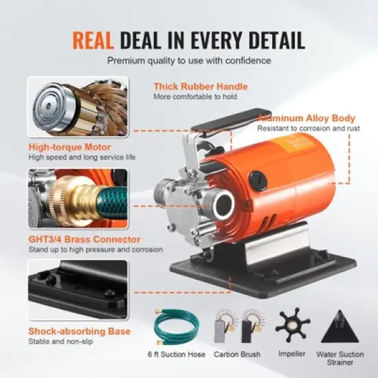 VEVOR Water Transfer Pump, 120V AC 360 GPH 1/10 HP, Portable Electric Utility Pump with 6 ft Suction Hose Kit, Carbon Brushes, Impeller, Orange image {4}