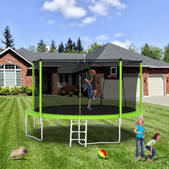 NAYSAYE Trampoline 14FT for Kids and Adults with Safety Net and Ladder for Outdoor Family Fun, Green, 168.11"*168.11"*107.87" image {1}