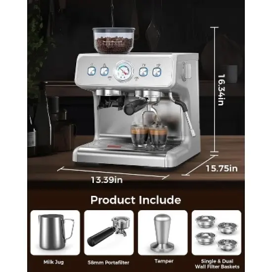 R.W.FLAME Espresso Machines with grinder, 20 Bar Professional Espresso Maker with Milk Frother Steam Wand&Removable Water Tan for Home,Stainless Steel image {2}