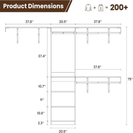 SEVOBAL Freestanding Coat Racks 5 Shelves and 4 Rods Heavy-Duty Wood Closet Organizer System， Adjustable Storage for Using, White, 15.8"*96.1"*75" image {4}