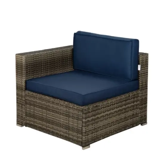 3pc Outdoor Rattan Wicker Conversation Set with Accent Table & Sectional - Brown/Blue - GODEER image {3}