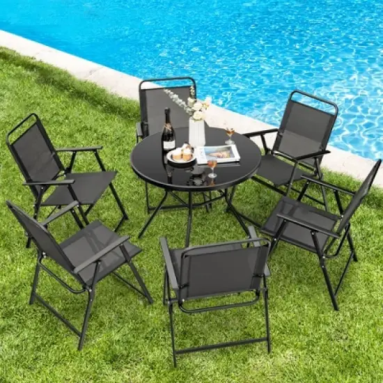 Costway 2pcs Patio Folding Chairs Heavy-Duty Metal Frame Armrests Portable Outdoor image {4}
