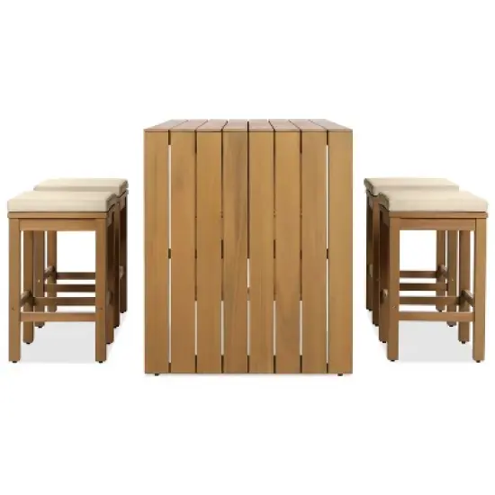 ELJGET 5 Piece Outdoor Bar Set, Patio Acacia Wood Bar Height Table & Four Stools with Cushions, for Poolside, Backyard image {9}