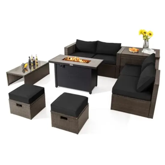 Tangkula 9 Pieces Outdoor Patio Furniture Set with 42" Propane Fire Pit Table Outdoor PE Wicker Space-Saving Sectional Sofa Set Black/Gray/Navy/Red/Turquoise/Off White image {10}