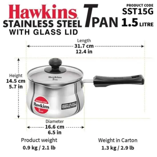 Hawkins 1.5L Stainless Steel Sauce Pan with Glass Lid: Induction & Gas Compatible, Hand Wash, 1 Year Warranty image {2}
