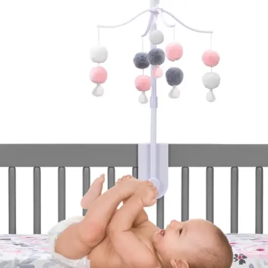 Bedtime Originals Blossom Pink/Gray Pom Pom Musical Baby Crib Mobile Soother Toy image {1}