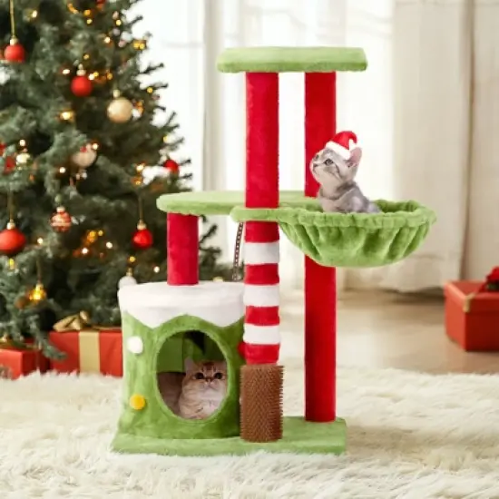 phiestina 32in Cat Scratching Posts Tower, Christmas Themed Plush Cat Tree with Hammock, Cat Massage Brush, Activity Center for Indoor Cats image {7}