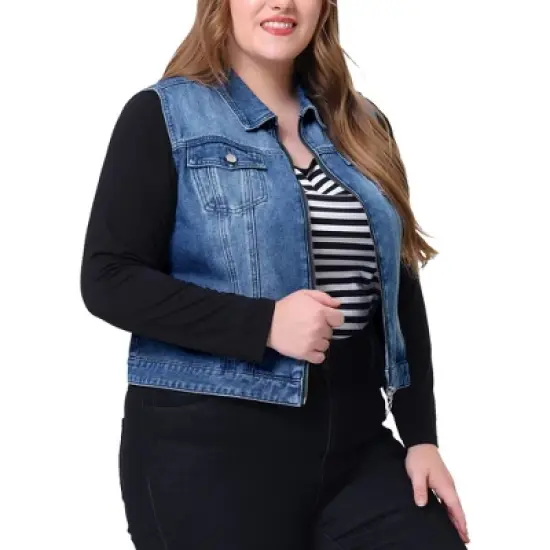 Agnes Orinda Women's Plus Size Trucker Zipper Front Sleeveless Denim Jacket Vests image {7}