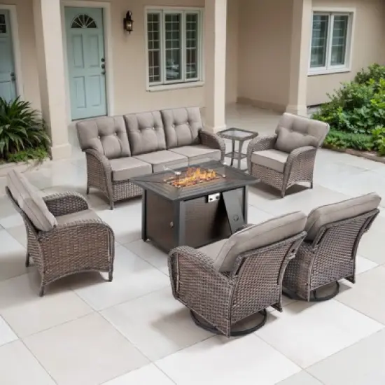 Belord Brown Wicker 7 Piece Patio Furniture Set with 5" Thick Cushions, Outdoor Fire Pit Table Set with Swivel Gliding Rocker Chairs and Club Chairs image {18}