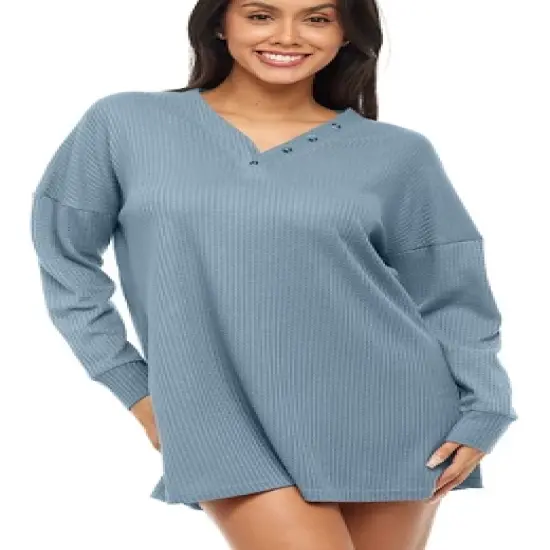 Women's Soft Ribbed Waffle Rib Knit Oversized Sleep Shirt, V-neck Night Shirt Sweater Top image {12}