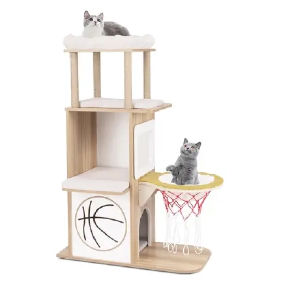 Tangkula 47" Wooden Cat Tree w/ 2-Story Cat Condo 2 Perches Basketball Hoop Hammock image {10}