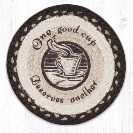 Earth Rugs One Good Cup Printed Round Trivet &ndash; 10"x10" Braided Jute Coffee-Themed Hot Pad with Rustic Typography Design image {3}