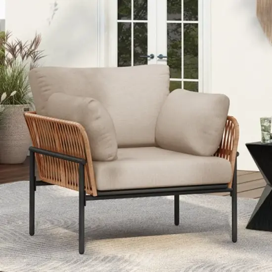 Modern Outdoor Lounge Chair, 36" Iron Lounge Chair with Rope Weave Design, Chairs with Iron Legs and PE Cushions-Coolbibila image {1}