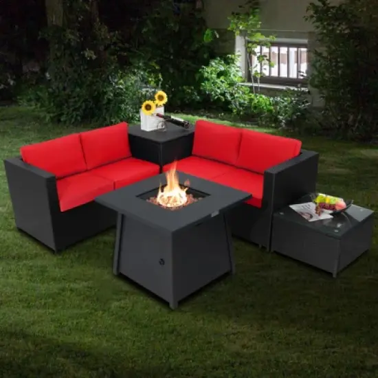 Tangkula 5-Piece Outdoor Patio Furniture Set with 50,000 BTU Propane Fire Pit Table Patio Conversation Set w/ Cushions, Storage Box, Coffee Table image {12}