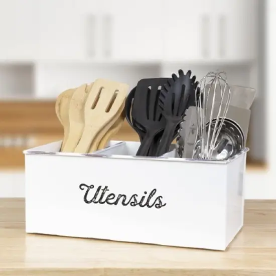 AuldHome Design Large Enamelware Utensil Holder, White Farmhouse Cooking Caddy or Spoons/Forks/Knives Storage for Countertop and Table image {1}