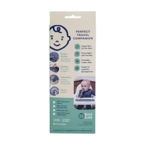 Busy Baby Silicone Travel Teething and Feeding System with Suction Mat, Teething Spoon, Travel Bag and 2 Straps for Toys and Utensil - Pewter - 4pcs image {2}