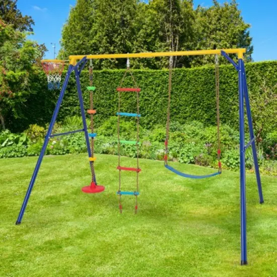 Costway 4-in-1 Kids Swing Sports Set Carbon Steel Swing Stand w/Basketball Hoop Climbing Ladder image {3}