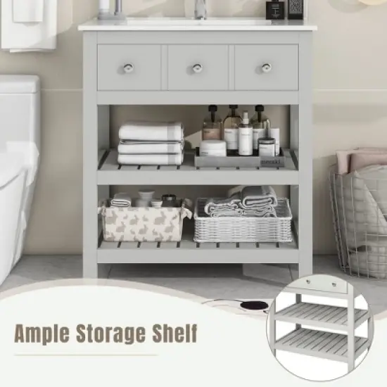 30" Bathroom Vanity with Ceramic Basin Sink, Drawer and 2-Tier Storage Shelf, Gray - ModernLuxe image {6}