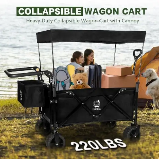 NAYSAYE Wagon Folding Cart Large Space Canopy All Terrain Wheels Brakes Adjustable Handle for Beach Camping, Black, 44.9"*20"*46.8" image {3}