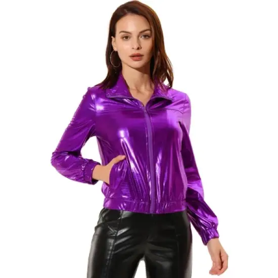 Allegra K Women's Track Holographic Shiny Long Sleeve Metallic Zip Front Jacket image {11}