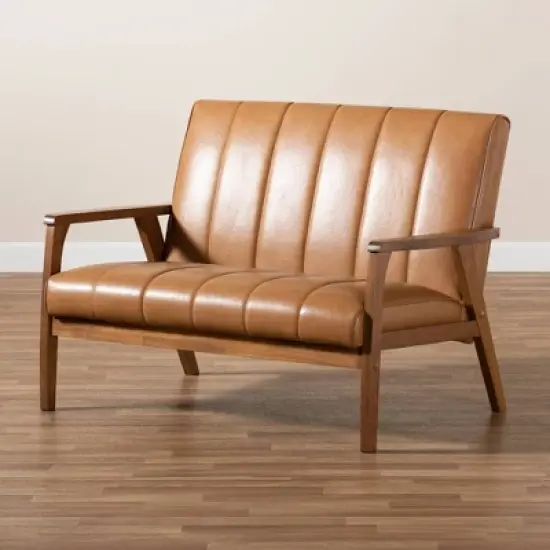 Nikko Mid-Century Faux Leather Upholstered Wood Loveseat Walnut/Brown - Baxton Studio image {7}