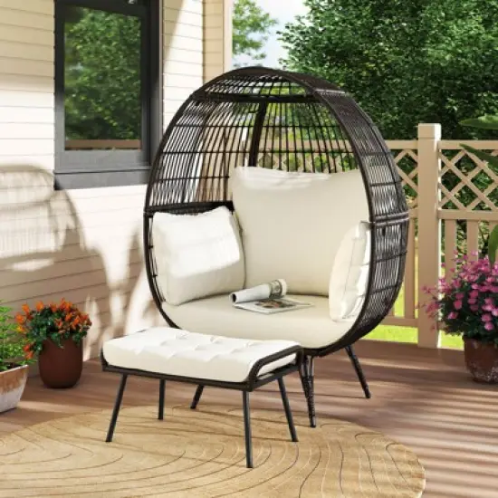 Costway 2 PCS Patio Wicker Lounge Basket Set Oversized Egg Chair with Soft Cushions image {10}
