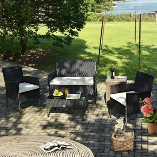 Costway 4PCS Patio Rattan Furniture Set Cushioned Sofa Coffee Table Backyard Porch White image {3}