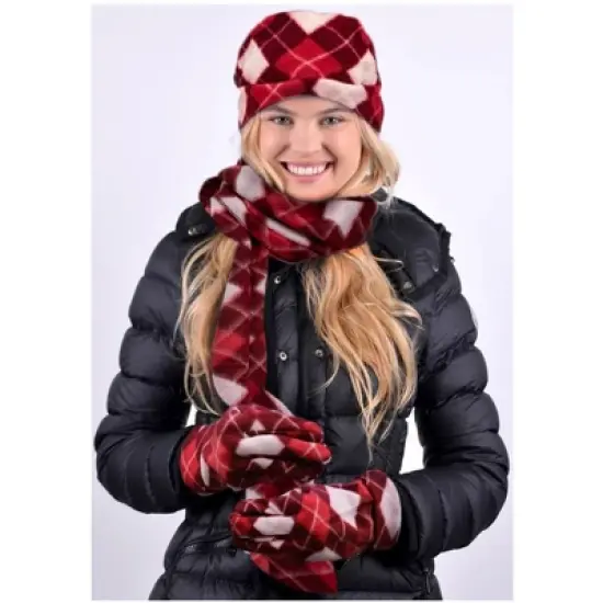 Women's Plaid 3-Piece Fleece Winter Set gloves scarf Hat image {4}