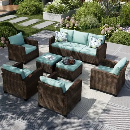 Captiva Designs 7pc Outdoor Patio Wicker Conversation Set with 4Cushioned Single Sofas for Garden Poolside Backyard image {13}