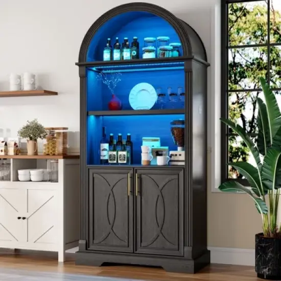 Fredees 71" Tall Arched Cabinet, Kitchen Pantry & China Cabinet, Arched Bookshelf with Open & Adjustable Shelves, Induction 3-Color Lights image {11}