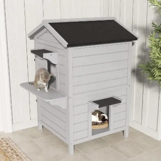 Heynemo Outdoor Cat House for Multiple-Cats Wooden Cat Shelter with Weatherproof Roof, Easy Access & Ventilation, Large Pet Catio for Cat image {2}