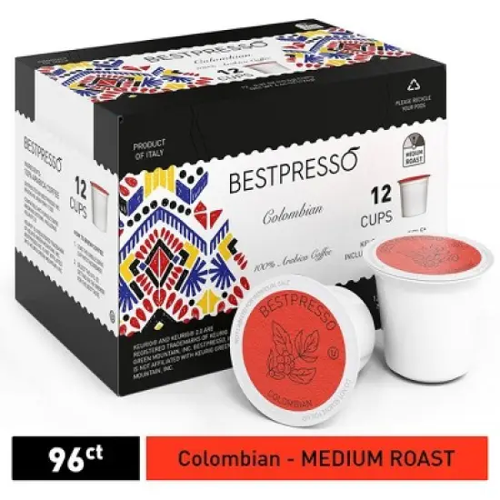 Bestpresso Coffee, Colombian Medium Roast Single Serve K-Cup Pods, 96 Count (Compatible With 2.0 Keurig Brewers) 8 Packs Of 12 Cups image {1}