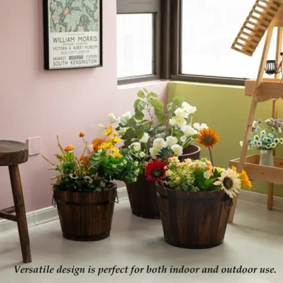 Gardenised Rustic Wooden Whiskey Barrel Planter with Durable Medal Handles and Drainage Holes - Perfect for Indoor and Outdoor Use image {4}