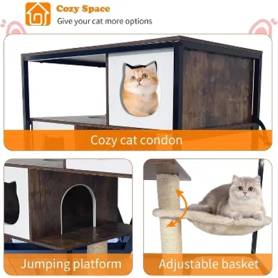Litter Box Cabinet, Cat Tree with Litter Box Enclosure, Wooden Metal Frame Hidden Cat Washroom on Wheels with Hammock, Scratching Mat & Post image {6}