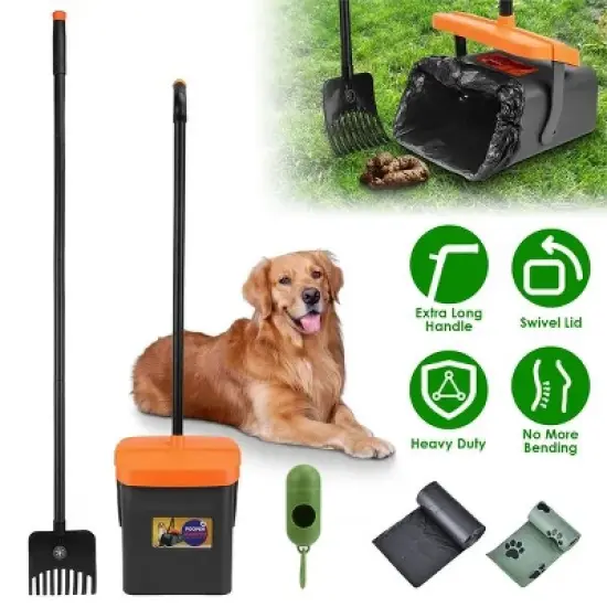Pooper Scooper Kit Dog Poop Rake & Swiveling Bin Poop Heavy Duty Pick Up Tool with Extra Long Handle 35 Waste Bags Dispenser image {5}