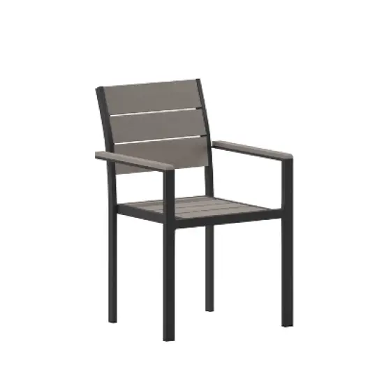 Emma and Oliver Outdoor Stacking Side Chair with Faux Teak Poly Slat Seat, Back and Arms and Metal Frame image {12}