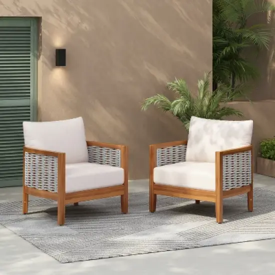 Christopher Knight Home Liliana Modern Patio Acacia Wood Woven Rope Armchair with Thick Cushions image {1}
