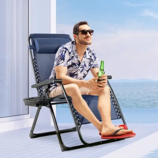 Tangkula Oversized Zero Gravity Lounge Chair Folding Recliner w/ Cup Holder & Pillow, Navy Blue image {2}