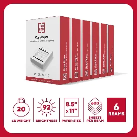 TRU RED 8.5" x 11" Copy Paper 20 lbs. 92 Brightness 600 Sheets/Ream 6 Reams/Carton (TR62091) image {1}