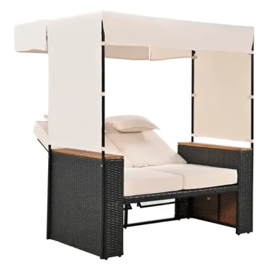 Whisen Outdoor Rattan Daybed, Patio Loveseat Sofa with Bench Lounge and Cushions image {3}