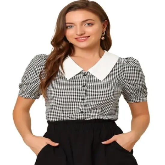 Allegra K Women's Plaid Puff Sleeve Blouse Contrast Collar Button Down Shirt Tops image {6}