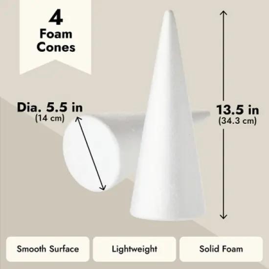 Juvale 4 Pack Craft Foam - Foam Cones for Crafts, Trees, Holiday Gnomes, Christmas Decorations, DIY Art Projects (13.5x5.5 In) image {4}