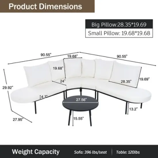 Outdoor Patio Iron Curved Sectional Sofa Set with Coffee Table and Cushions image {4}