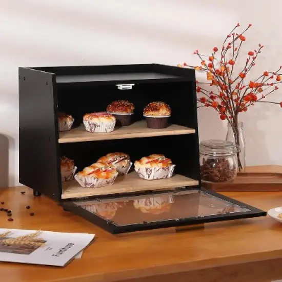 Acekool 2-Layer Bread Box, Modern Countertop Bread Storage with Fence Top, Transparent Door, Corner Bread Keeper, Black image {5}