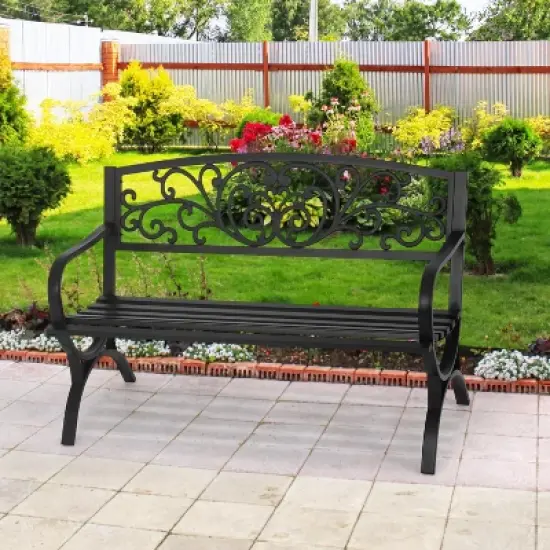 BestMassage Patio Garden Bench 50 Inch Sturdy Metal Loveseat Chairs, Black image {1}