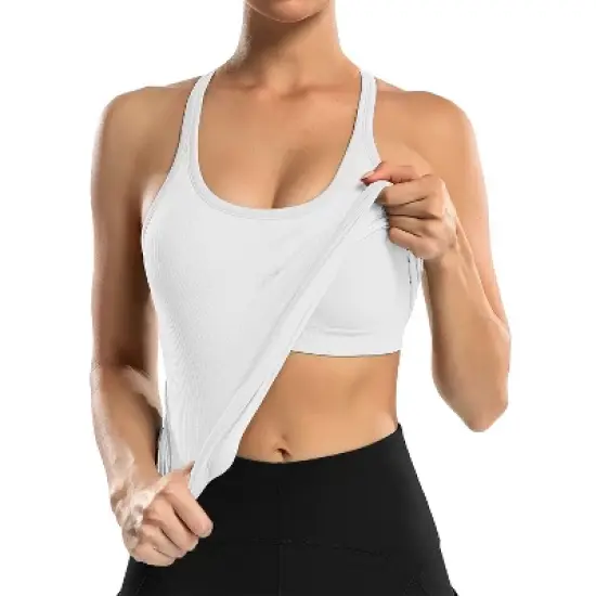 Attraco Women's Ribbed Workout Tank Tops with Built in Bra Tight Racerback Scoop Neck Athletic Top image {2}