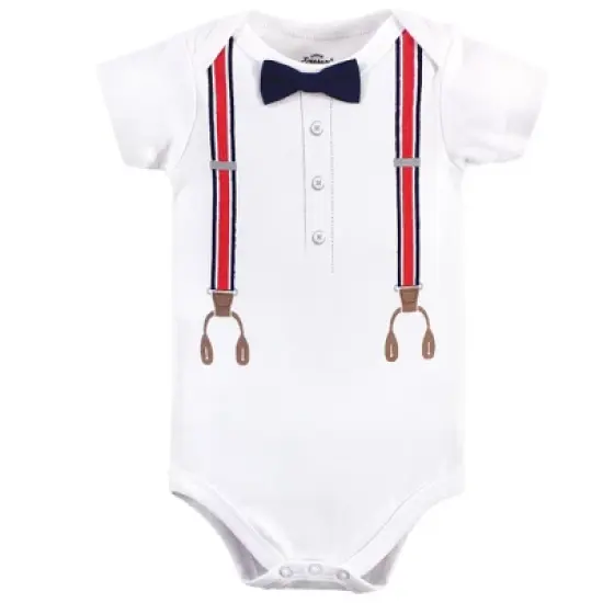 Little Treasure Baby Boy Cotton Bodysuit, Pant and Shoe 3pc Set, Red Navy Suspenders image {3}