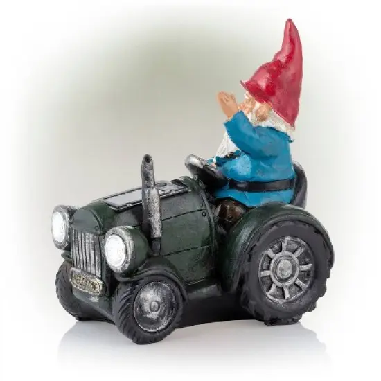 10" Polyresin Solar Tractor Riding Gnome with LED Lights Green - Alpine Corporation image {2}